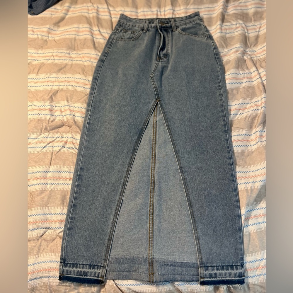 Denim Midi Skirt with Front Slit